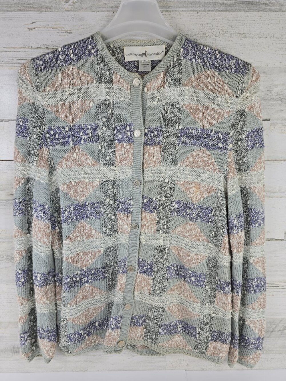 Peruvian Connection Handknit Cardigan Sweater LARGE Cotton Blend Geometric AS-IS